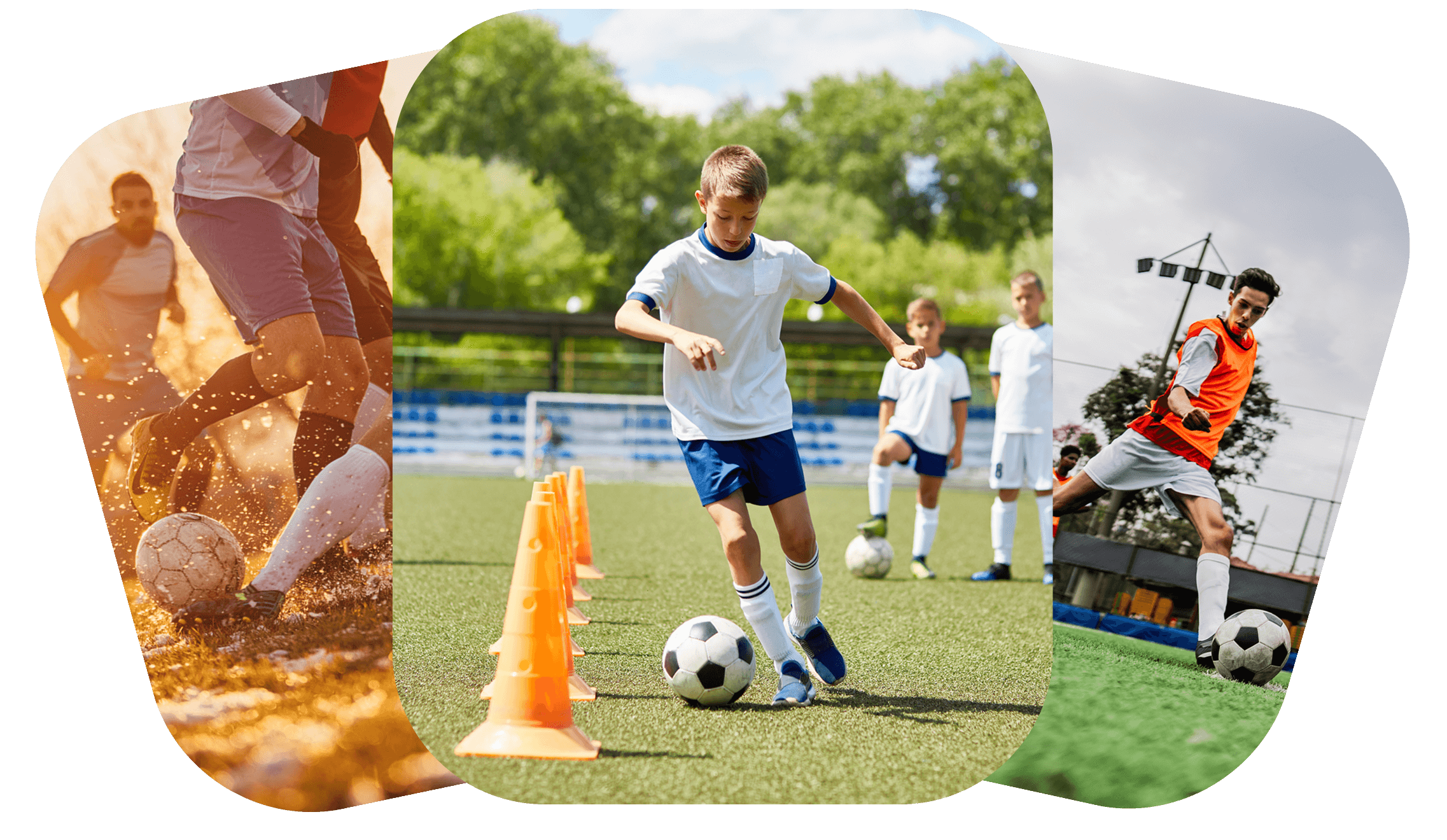 Collage of people playing soccer outdoors.